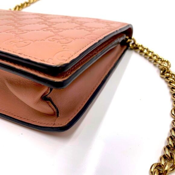 Auth Gucci Wallet On Chain Pink Beige Bow Guccisima Leather Gold Chain Strap Ex+ - Picture 6 of 16